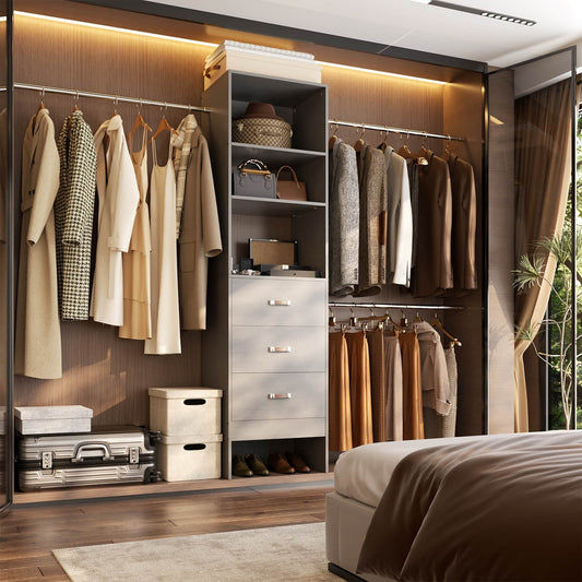 96-In Closet Organizer with Wood Drawers and Adjustable Hanging Rods