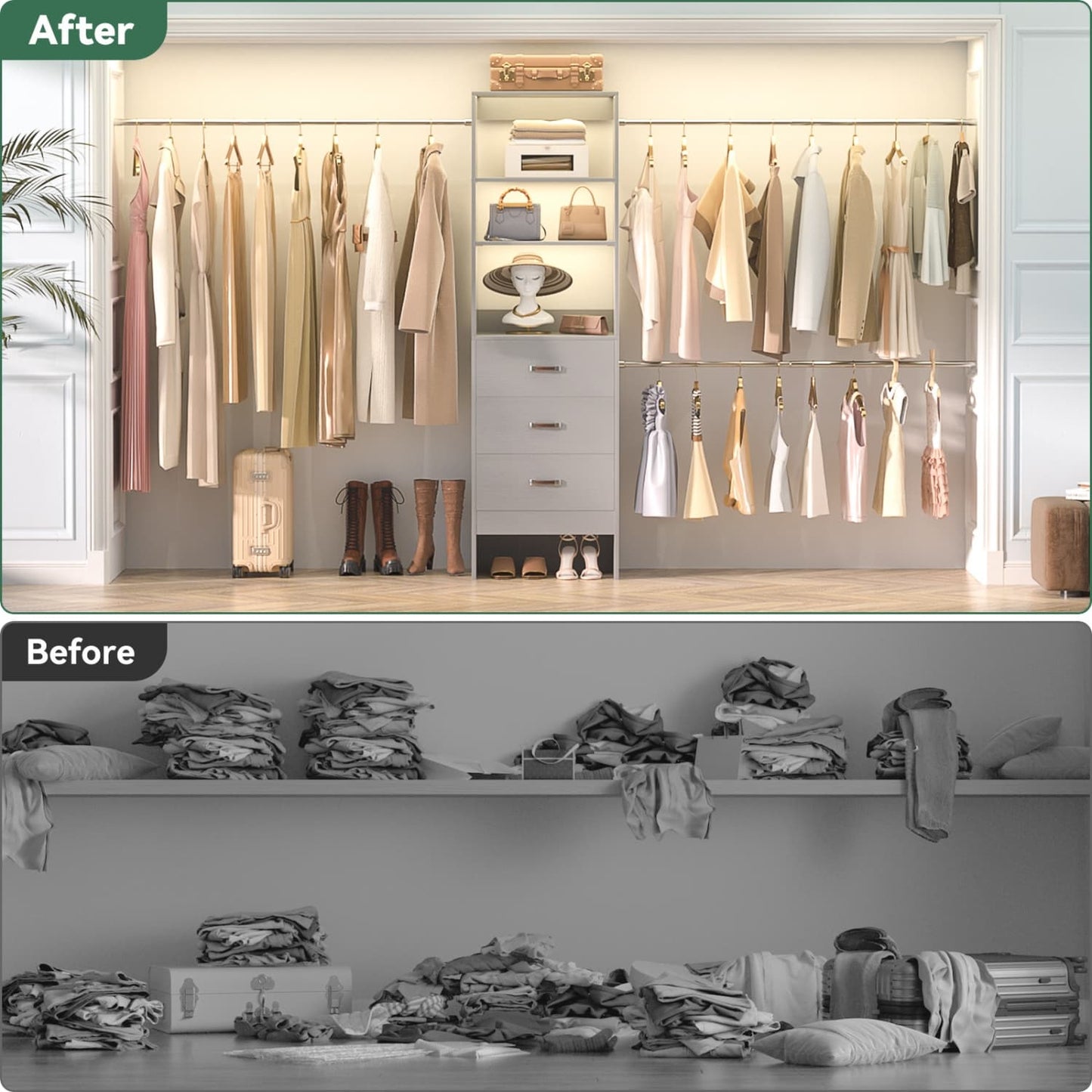 96-In Closet Organizer with Wood Drawers and Adjustable Hanging Rods