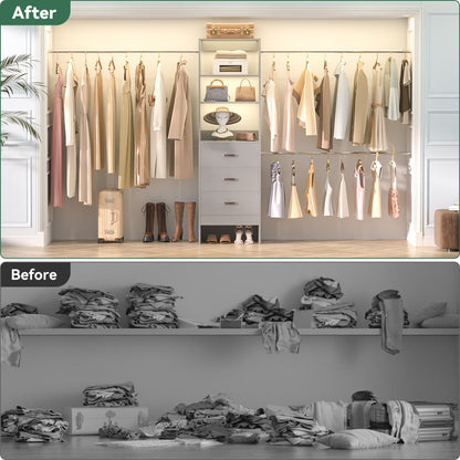 96-In Closet Organizer with Wood Drawers and Adjustable Hanging Rods