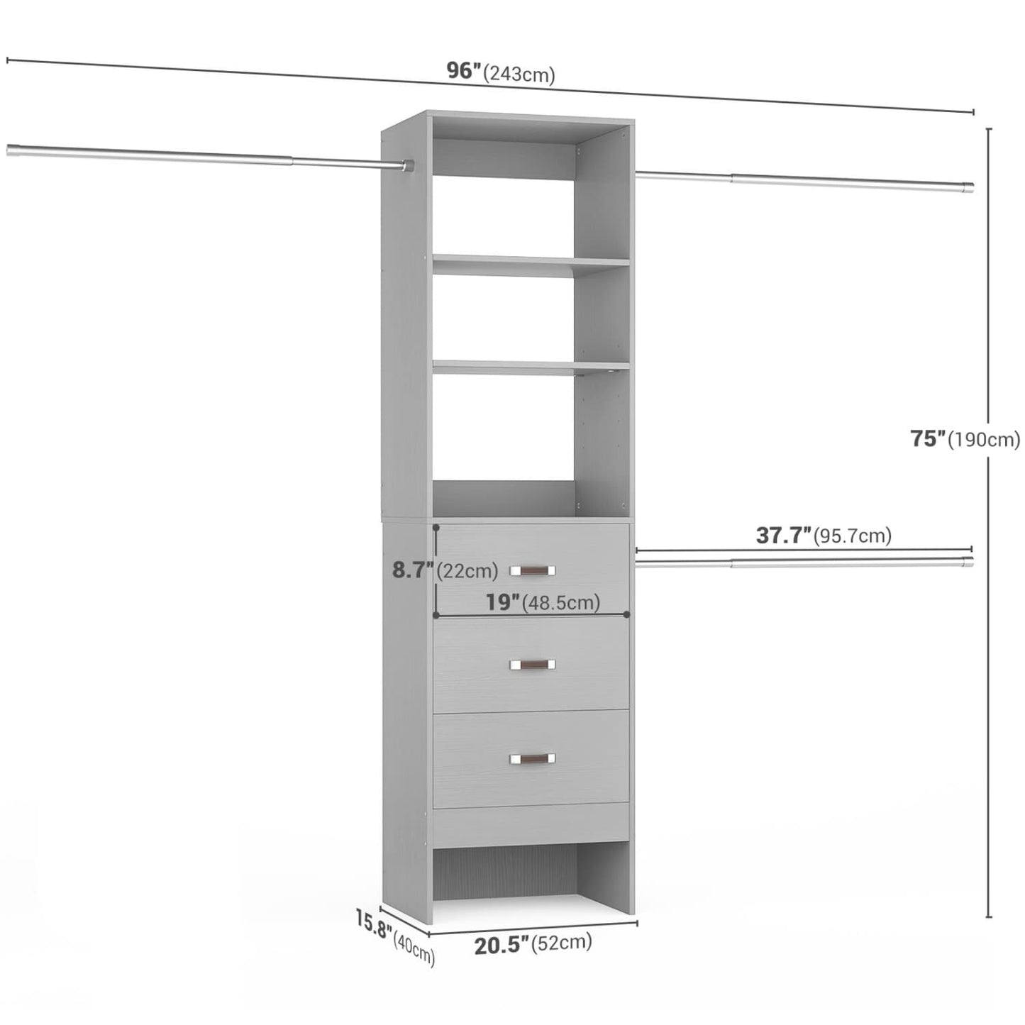 96-In Closet Organizer with Wood Drawers and Adjustable Hanging Rods
