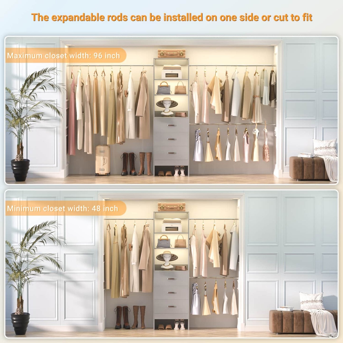 96-In Closet Organizer with Wood Drawers and Adjustable Hanging Rods