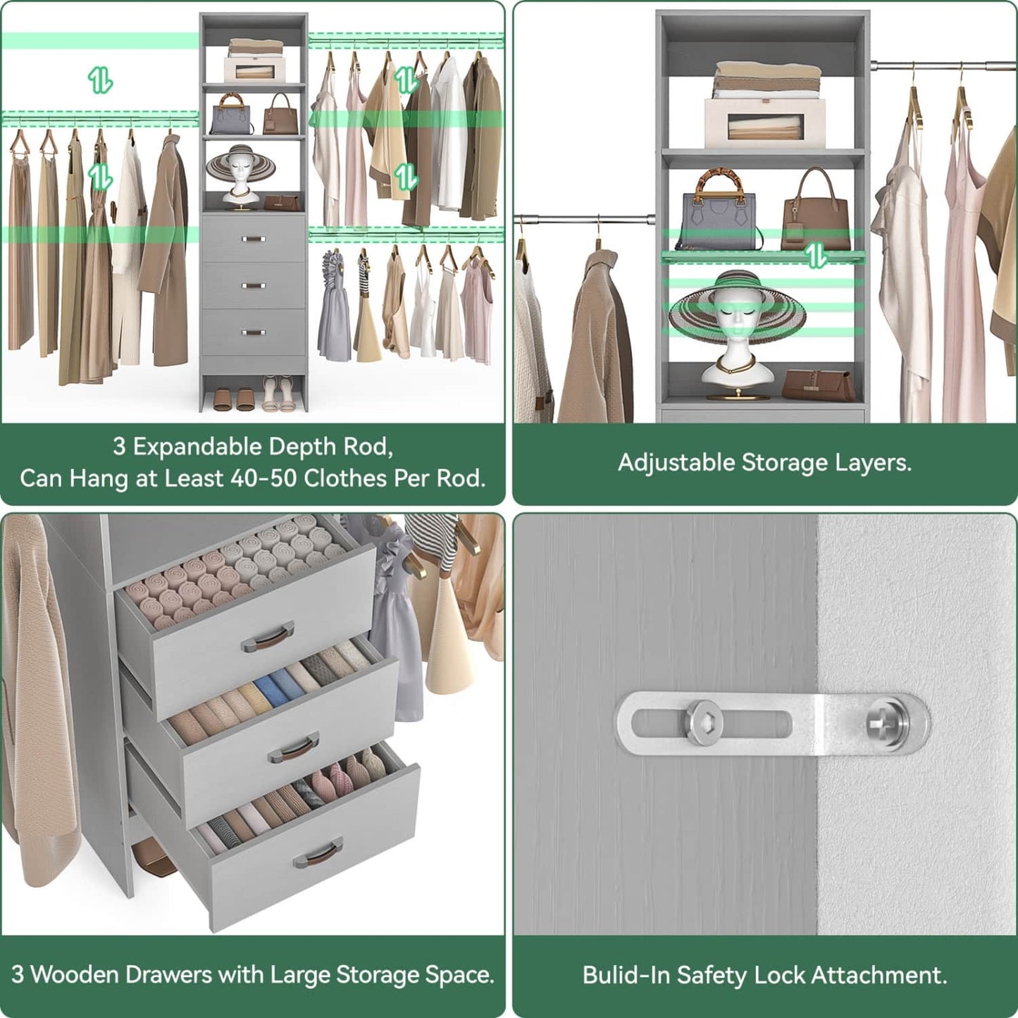 96-In Closet Organizer with Wood Drawers and Adjustable Hanging Rods