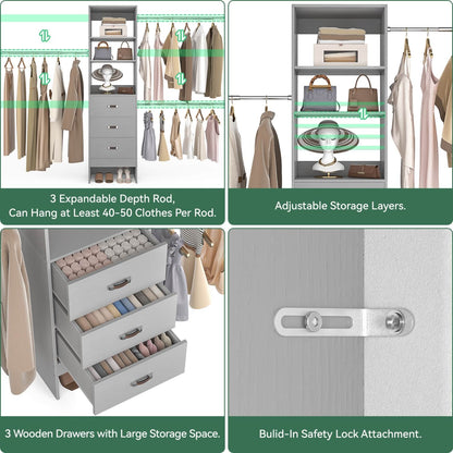 96-In Closet Organizer with Wood Drawers and Adjustable Hanging Rods
