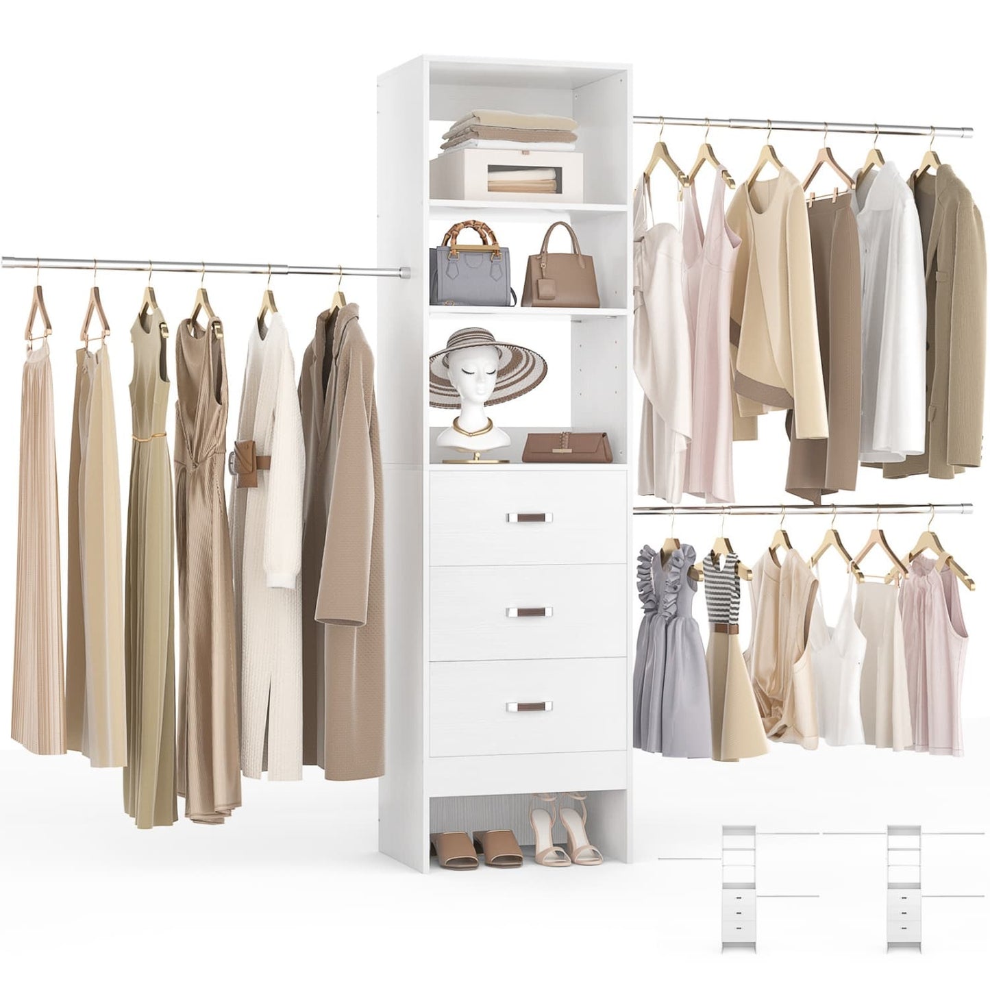 96-In Closet Organizer with Wood Drawers and Adjustable Hanging Rods
