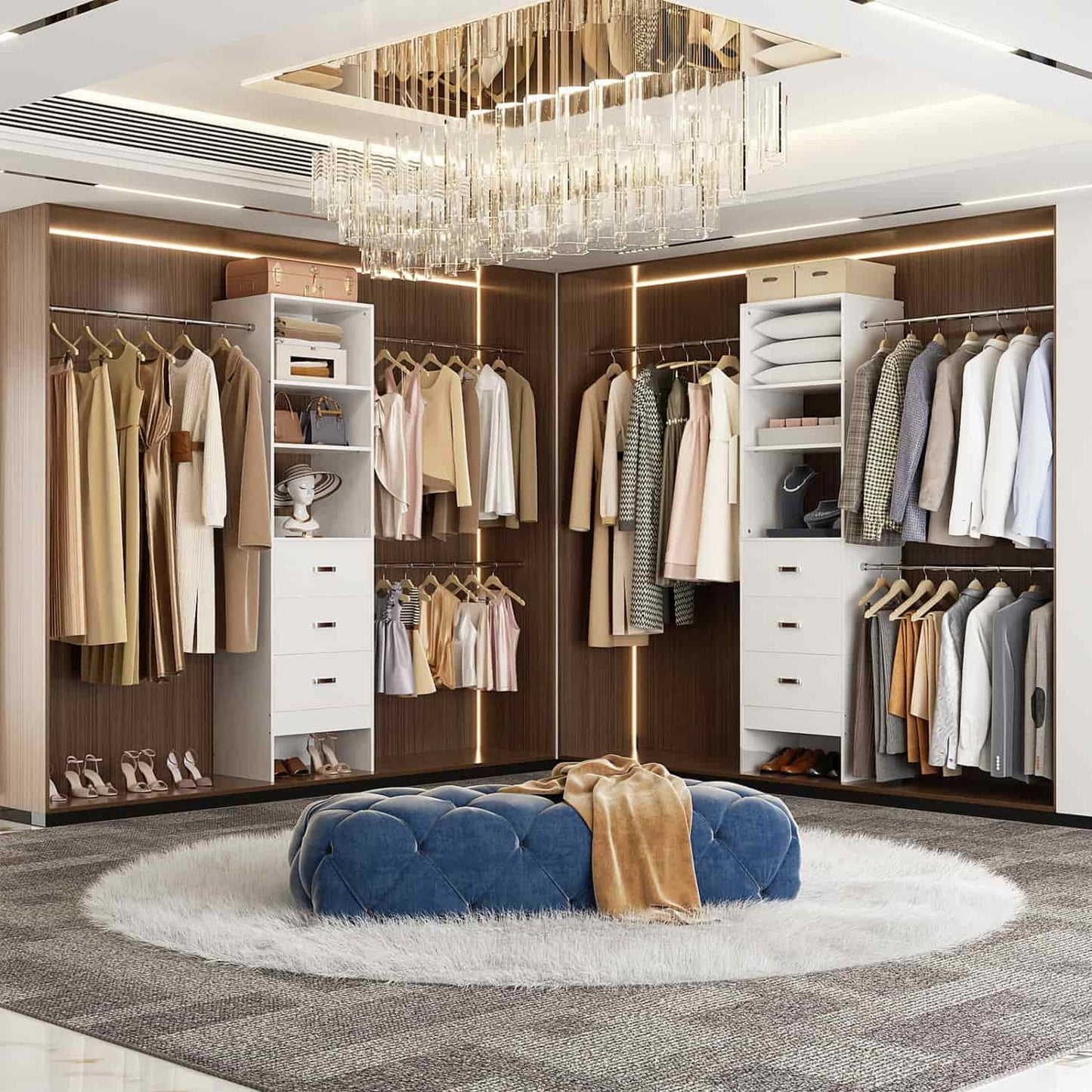 96-In Closet Organizer with Wood Drawers and Adjustable Hanging Rods