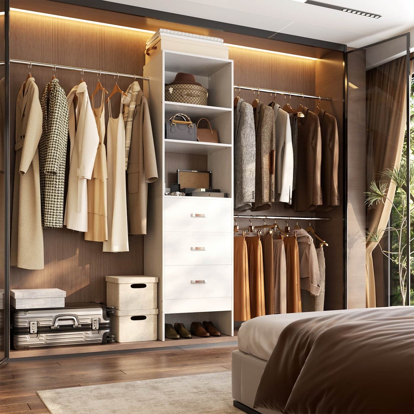 96-In Closet Organizer with Wood Drawers and Adjustable Hanging Rods