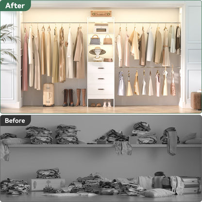 96-In Closet Organizer with Wood Drawers and Adjustable Hanging Rods