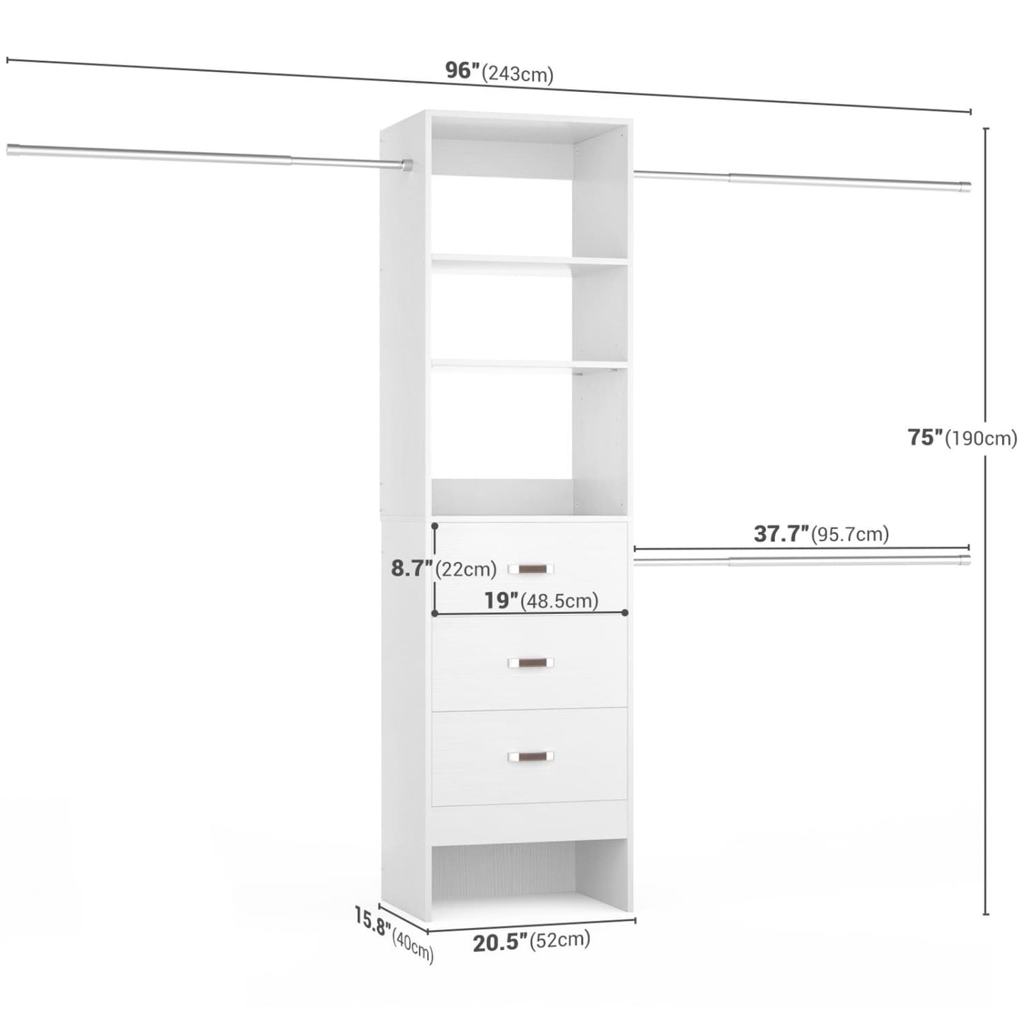 96-In Closet Organizer with Wood Drawers and Adjustable Hanging Rods