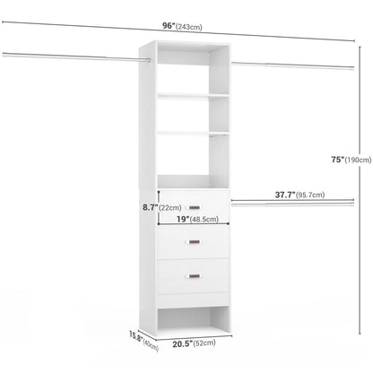 96-In Closet Organizer with Wood Drawers and Adjustable Hanging Rods