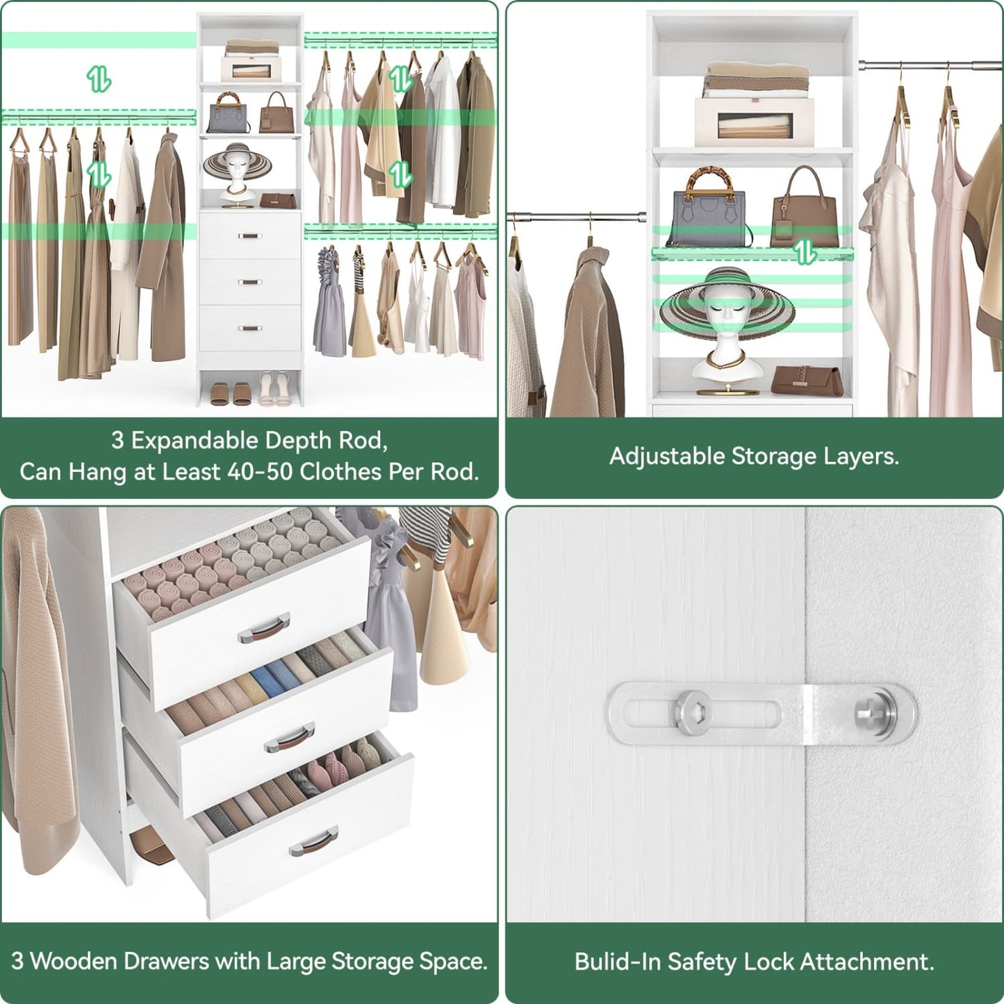 96-In Closet Organizer with Wood Drawers and Adjustable Hanging Rods