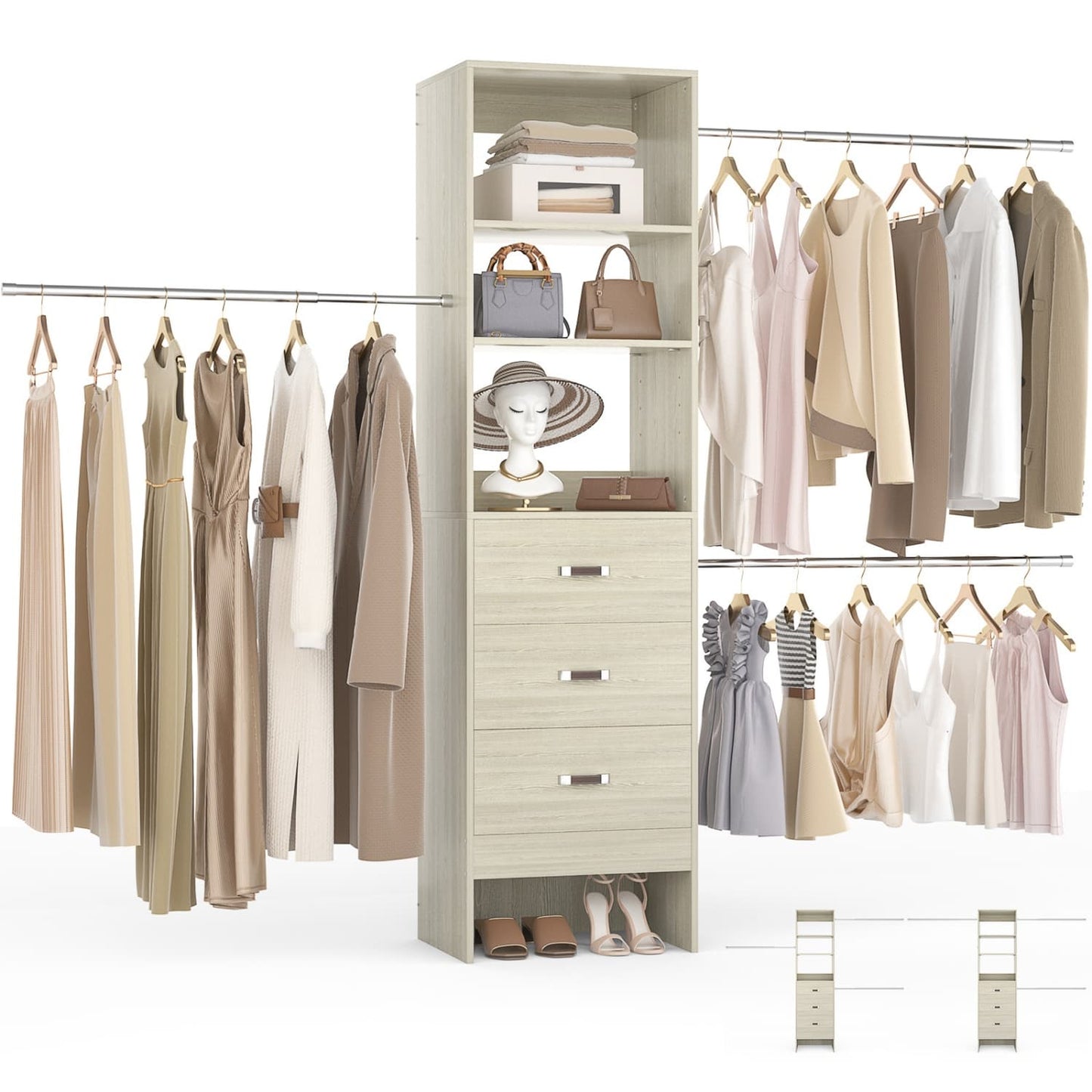 96-In Closet Organizer with Wood Drawers and Adjustable Hanging Rods