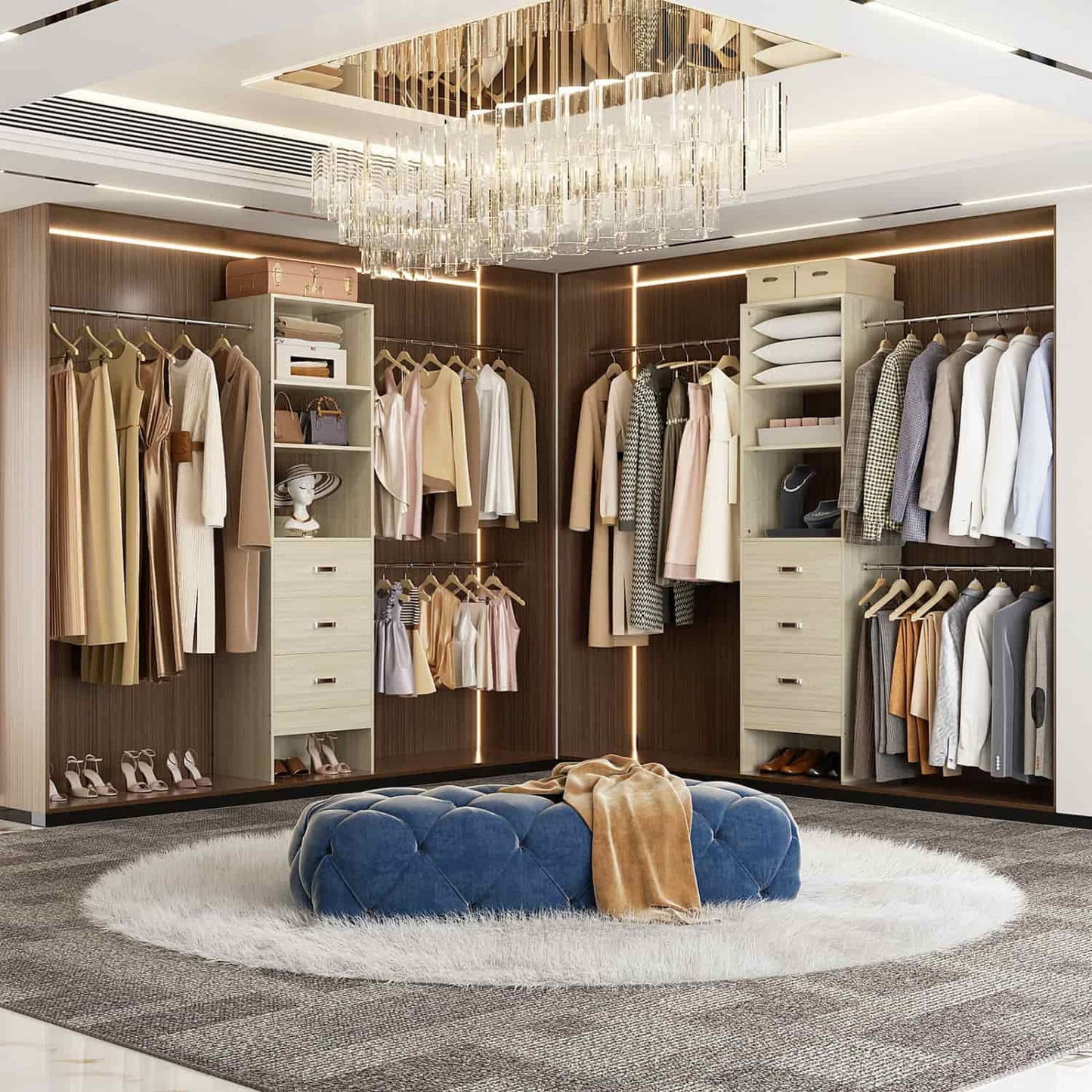 96-In Closet Organizer with Wood Drawers and Adjustable Hanging Rods
