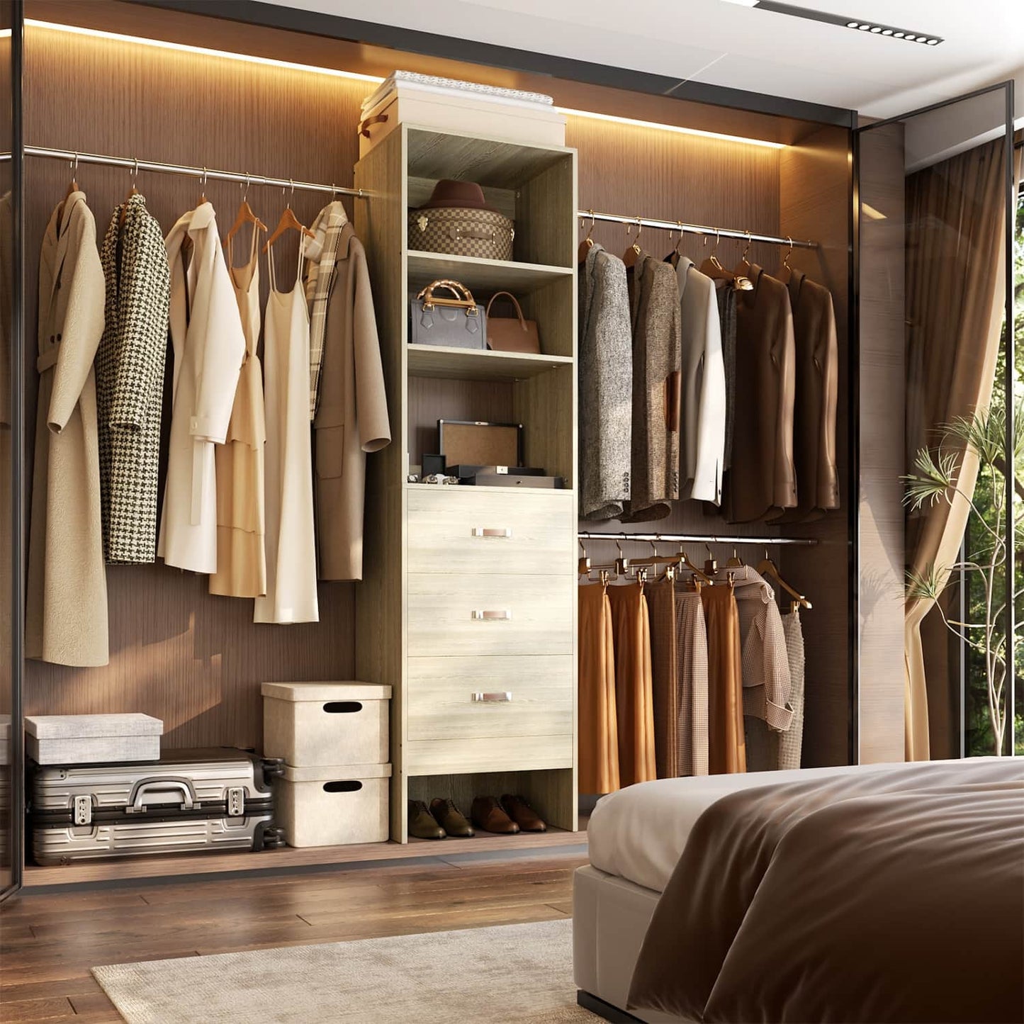 96-In Closet Organizer with Wood Drawers and Adjustable Hanging Rods