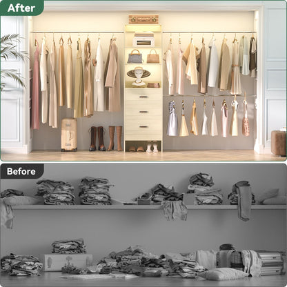96-In Closet Organizer with Wood Drawers and Adjustable Hanging Rods