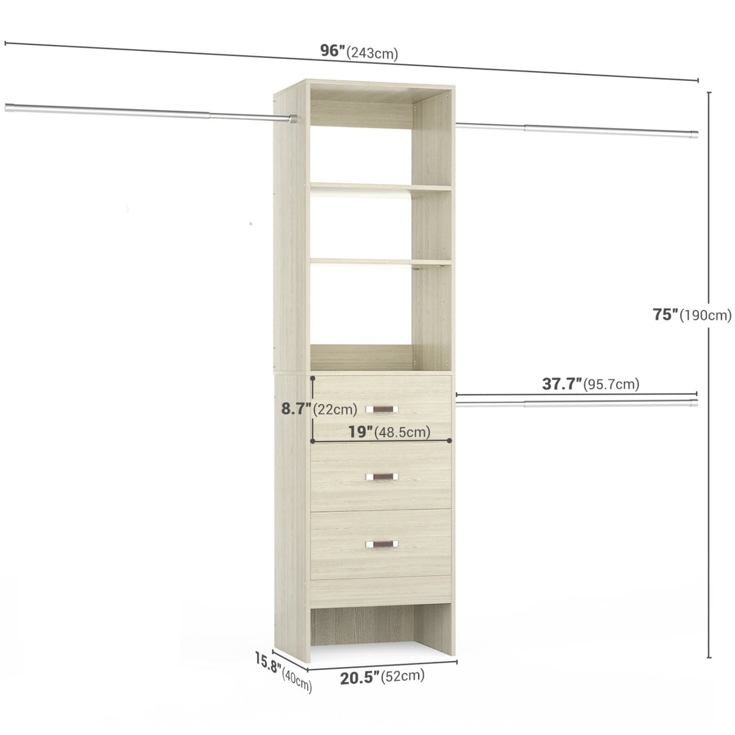 96-In Closet Organizer with Wood Drawers and Adjustable Hanging Rods