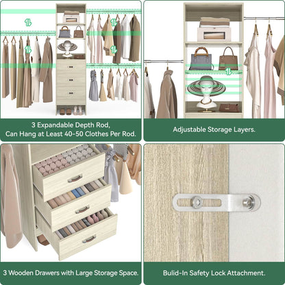 96-In Closet Organizer with Wood Drawers and Adjustable Hanging Rods