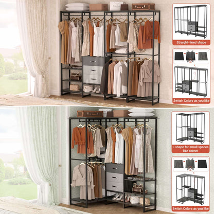 74-In Closet Organizer System with Wood Drawers, Freestanding Corner Garment Rack
