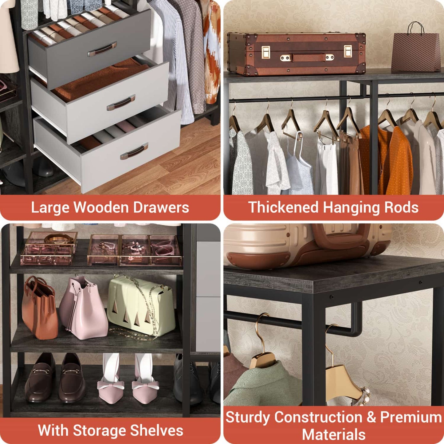 74-In Closet Organizer System with Wood Drawers, Freestanding Corner Garment Rack