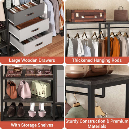 74-In Closet Organizer System with Wood Drawers, Freestanding Corner Garment Rack