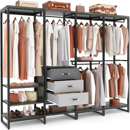 74-In Closet Organizer System with Wood Drawers, Freestanding Corner Garment Rack