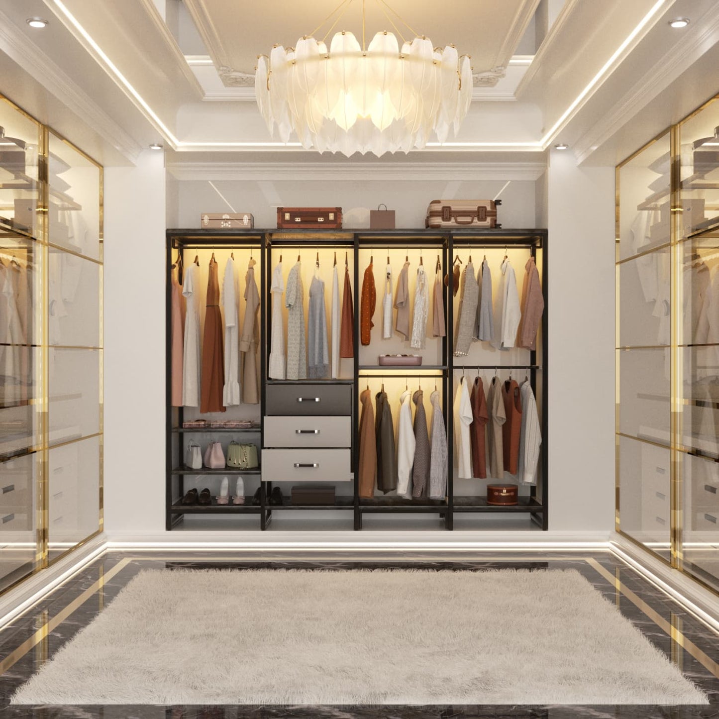74-In Closet Organizer System with Wood Drawers, Freestanding Corner Garment Rack