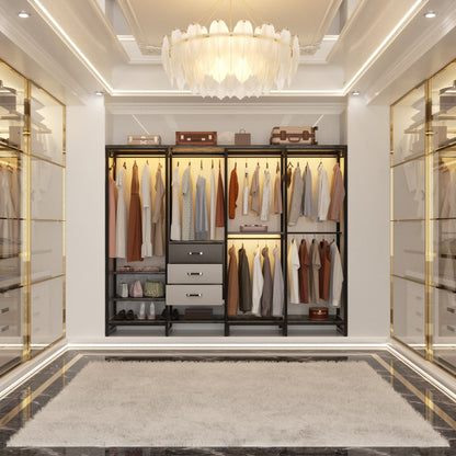 74-In Closet Organizer System with Wood Drawers, Freestanding Corner Garment Rack