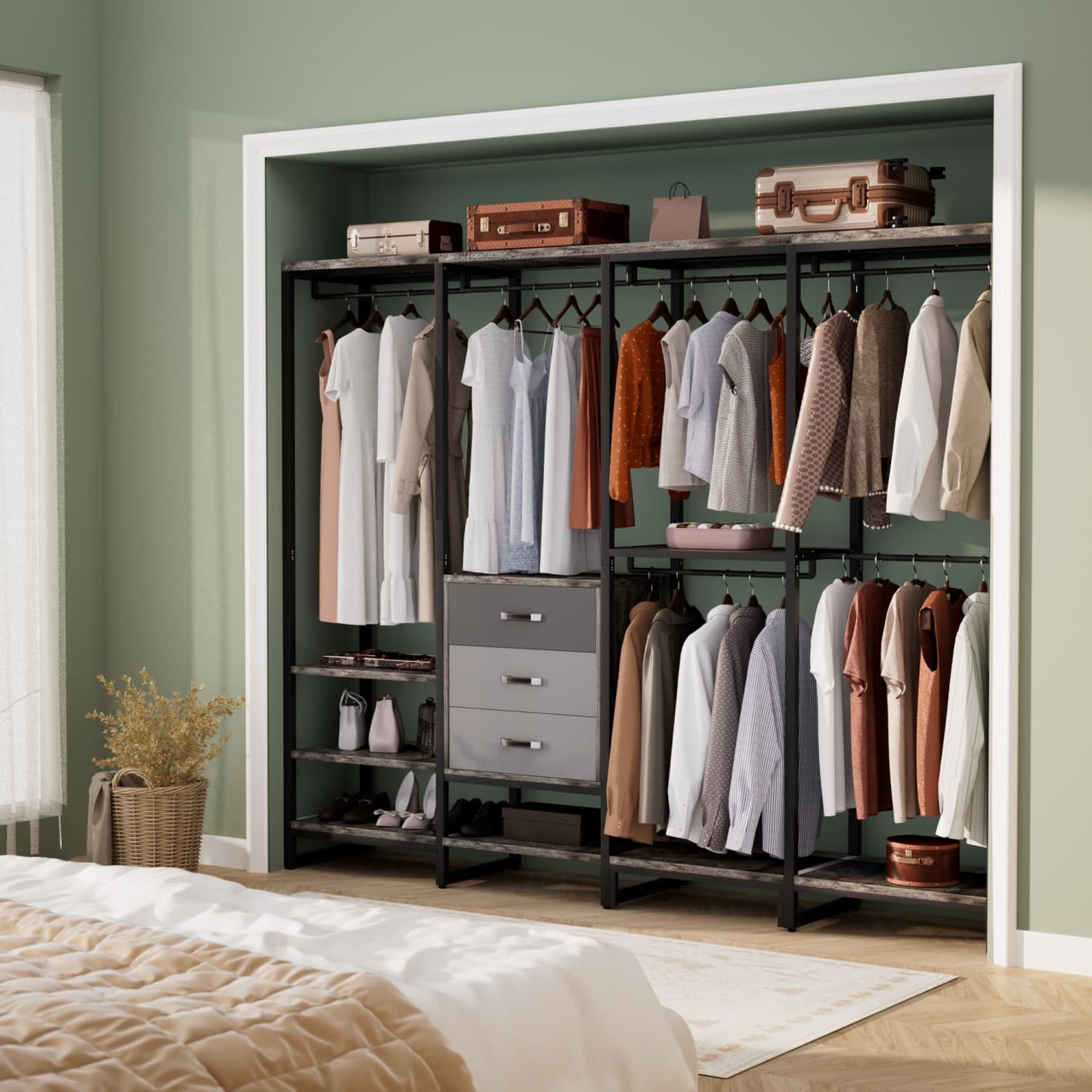 74-In Closet Organizer System with Wood Drawers, Freestanding Corner Garment Rack