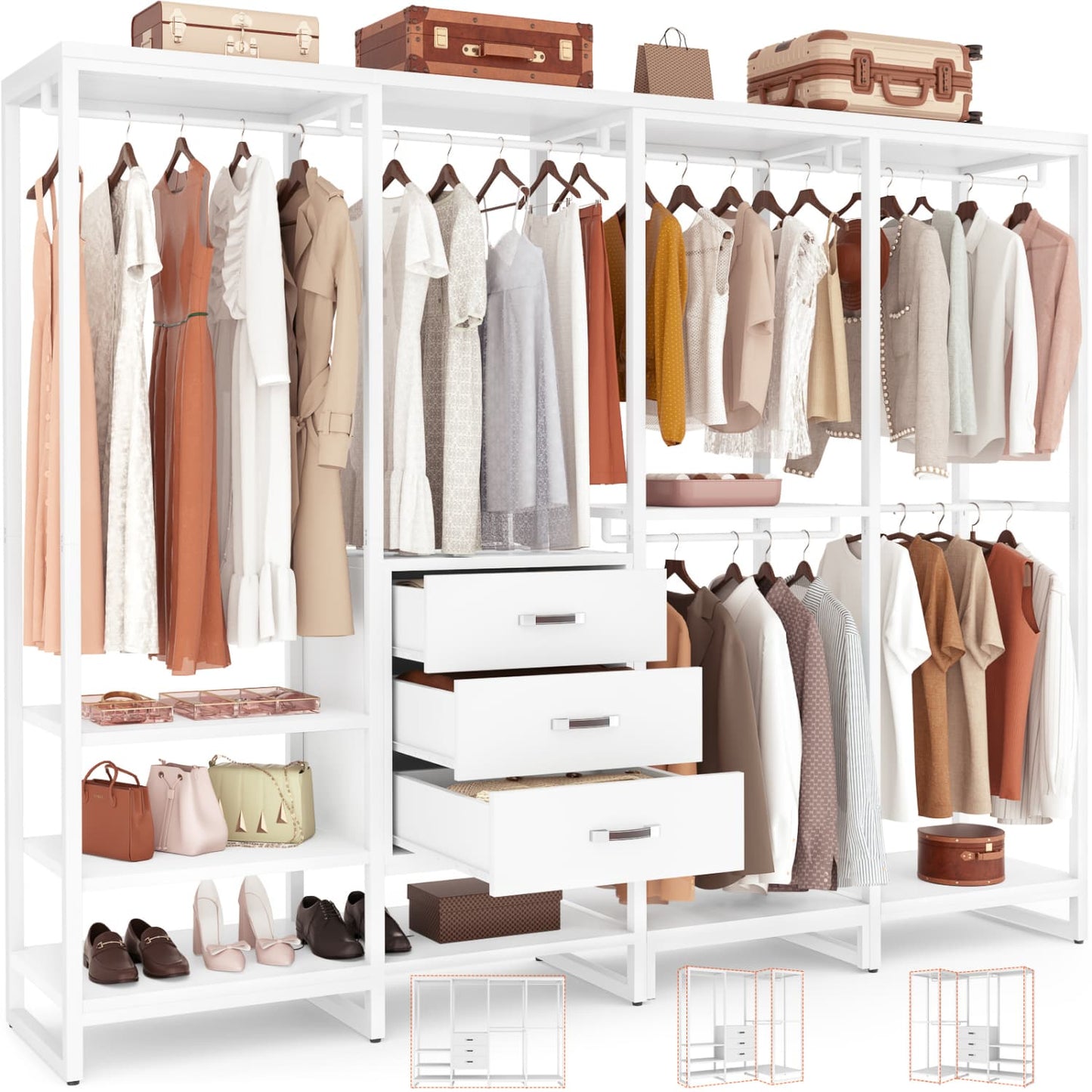 74-In Closet Organizer System with Wood Drawers, Freestanding Corner Garment Rack