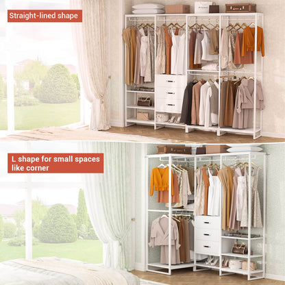 74-In Closet Organizer System with Wood Drawers, Freestanding Corner Garment Rack