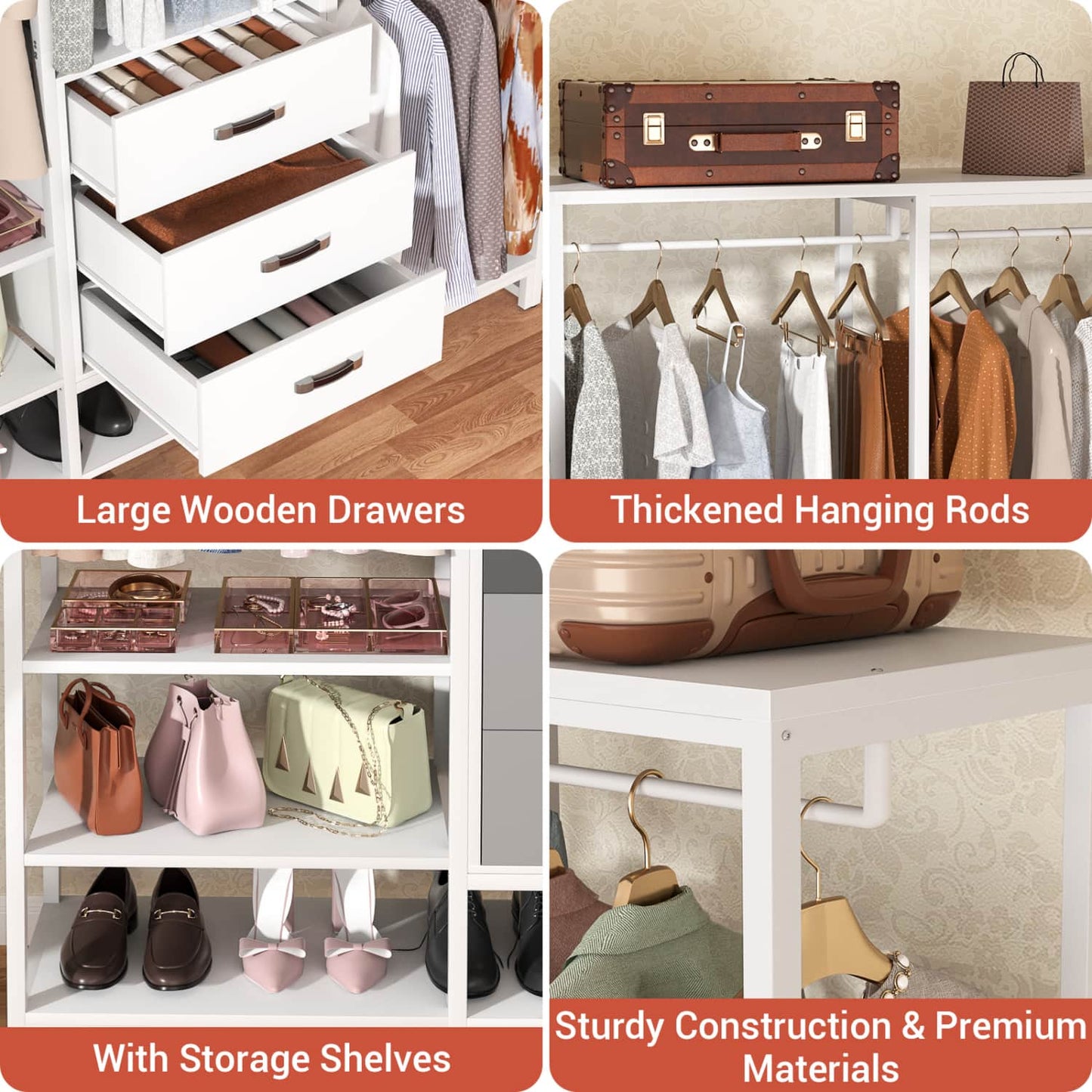 74-In Closet Organizer System with Wood Drawers, Freestanding Corner Garment Rack