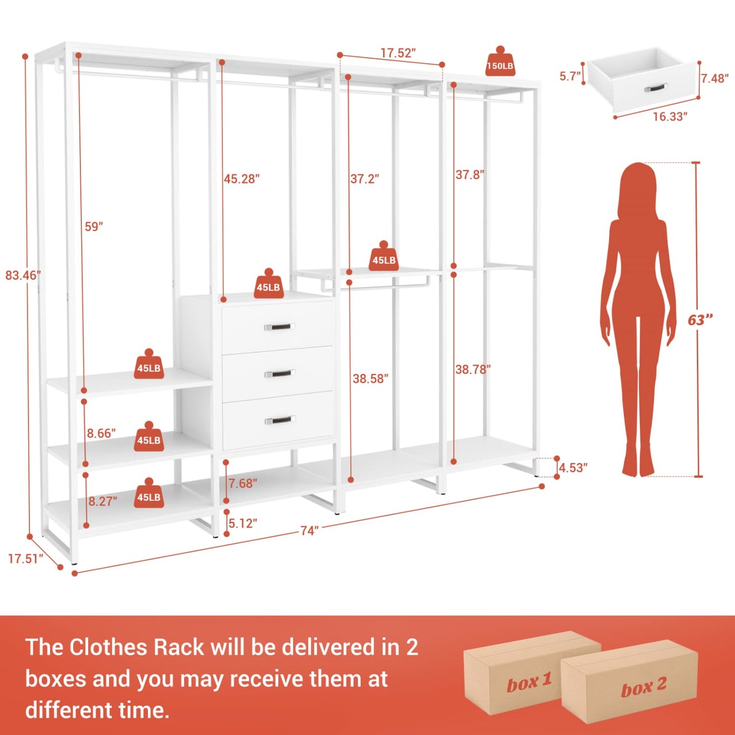 74-In Closet Organizer System with Wood Drawers, Freestanding Corner Garment Rack