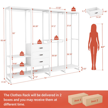 74-In Closet Organizer System with Wood Drawers, Freestanding Corner Garment Rack