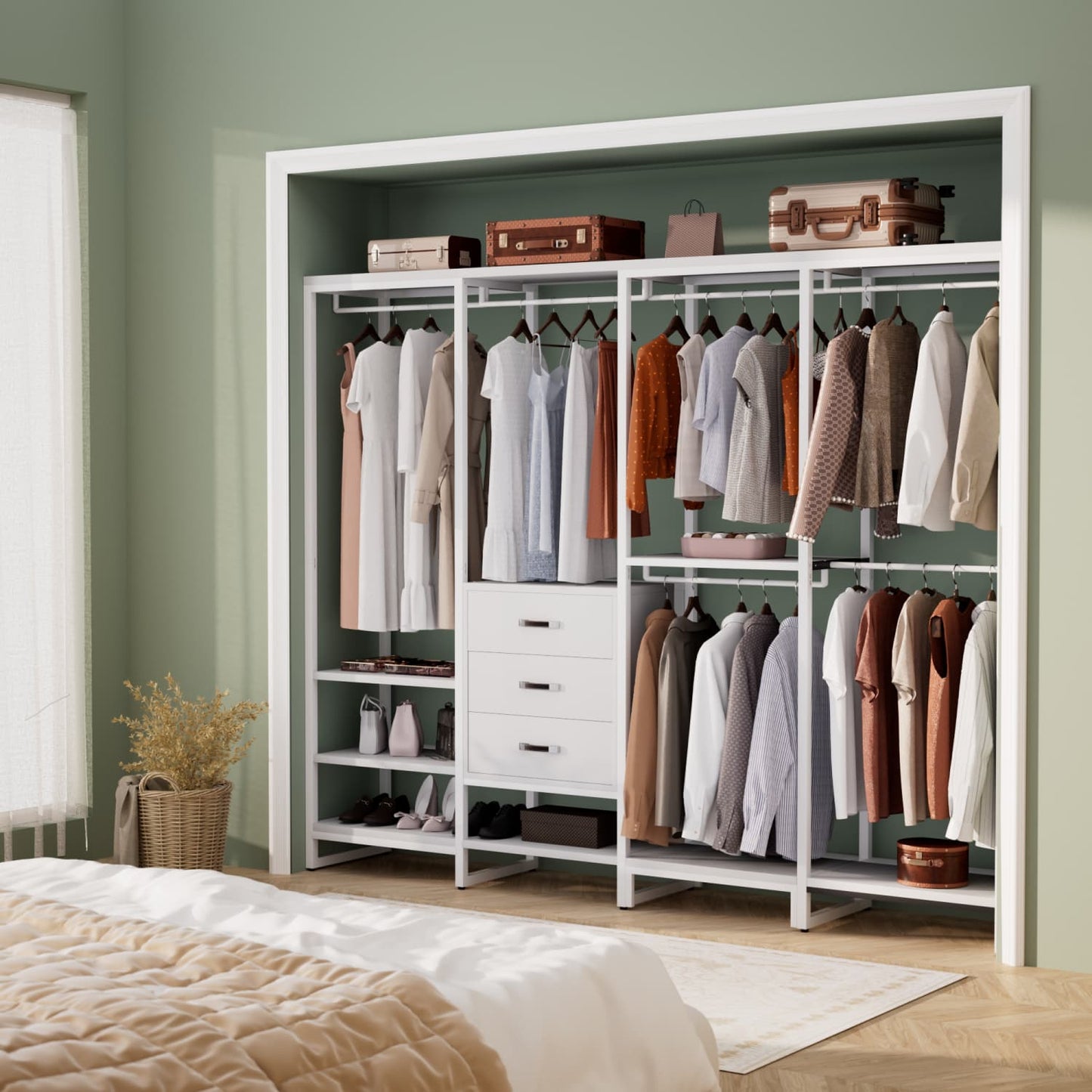 74-In Closet Organizer System with Wood Drawers, Freestanding Corner Garment Rack
