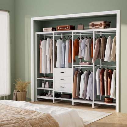 74-In Closet Organizer System with Wood Drawers, Freestanding Corner Garment Rack