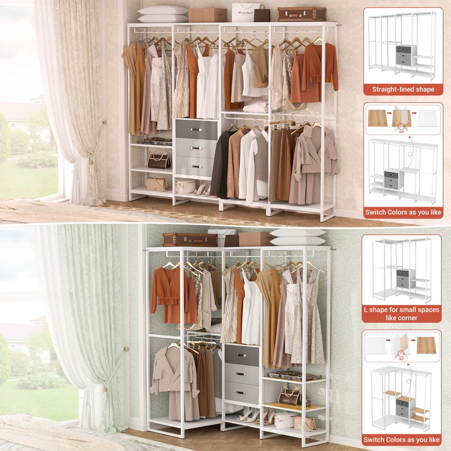 74-In Closet Organizer System with Wood Drawers, Freestanding Corner Garment Rack