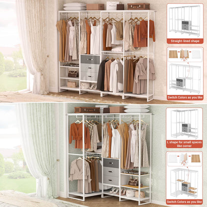 74-In Closet Organizer System with Wood Drawers, Freestanding Corner Garment Rack