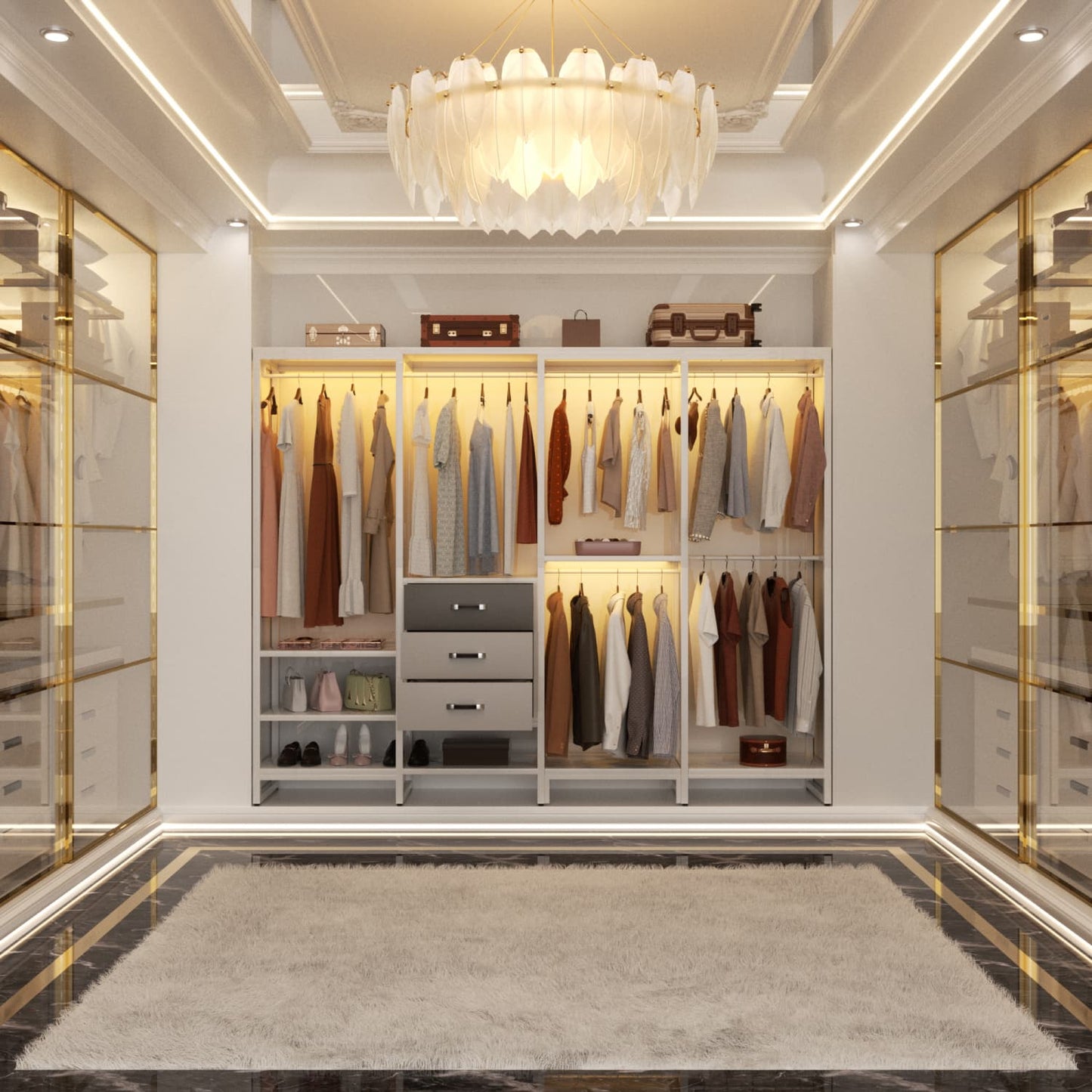 74-In Closet Organizer System with Wood Drawers, Freestanding Corner Garment Rack