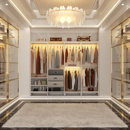 74-In Closet Organizer System with Wood Drawers, Freestanding Corner Garment Rack