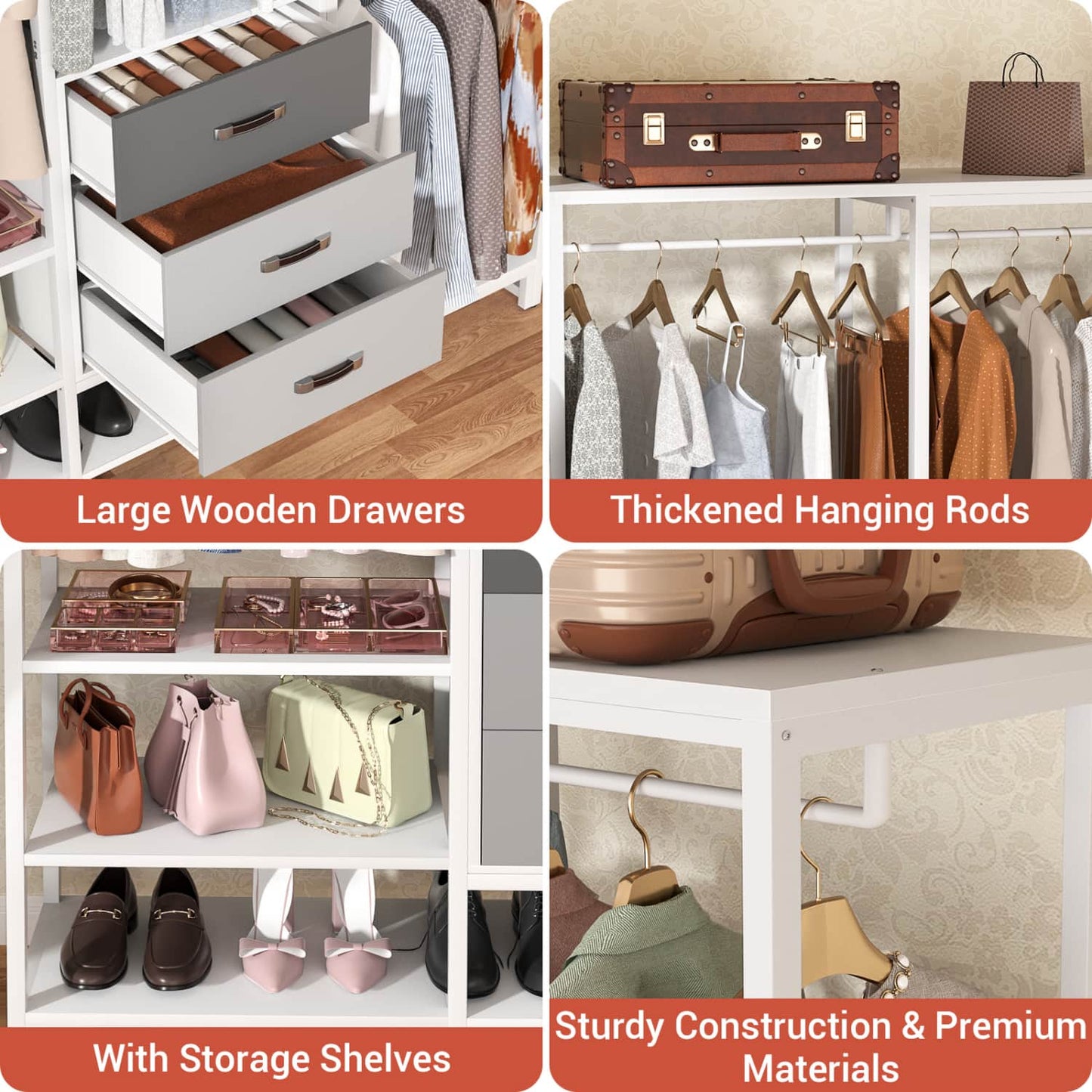 74-In Closet Organizer System with Wood Drawers, Freestanding Corner Garment Rack