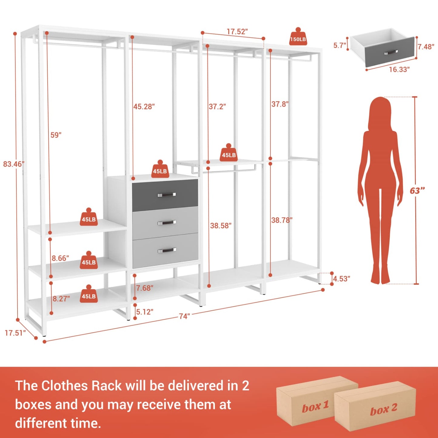 74-In Closet Organizer System with Wood Drawers, Freestanding Corner Garment Rack