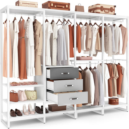 74-In Closet Organizer System with Wood Drawers, Freestanding Corner Garment Rack