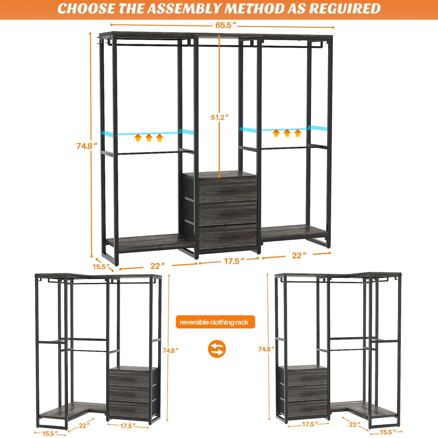 Clothing Rack with Fabric Drawers, Freestanding Closet Organizer