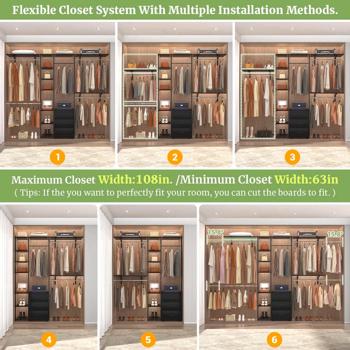 Heavy-duty Garment Rack Closet Organizer with Tower Shelving