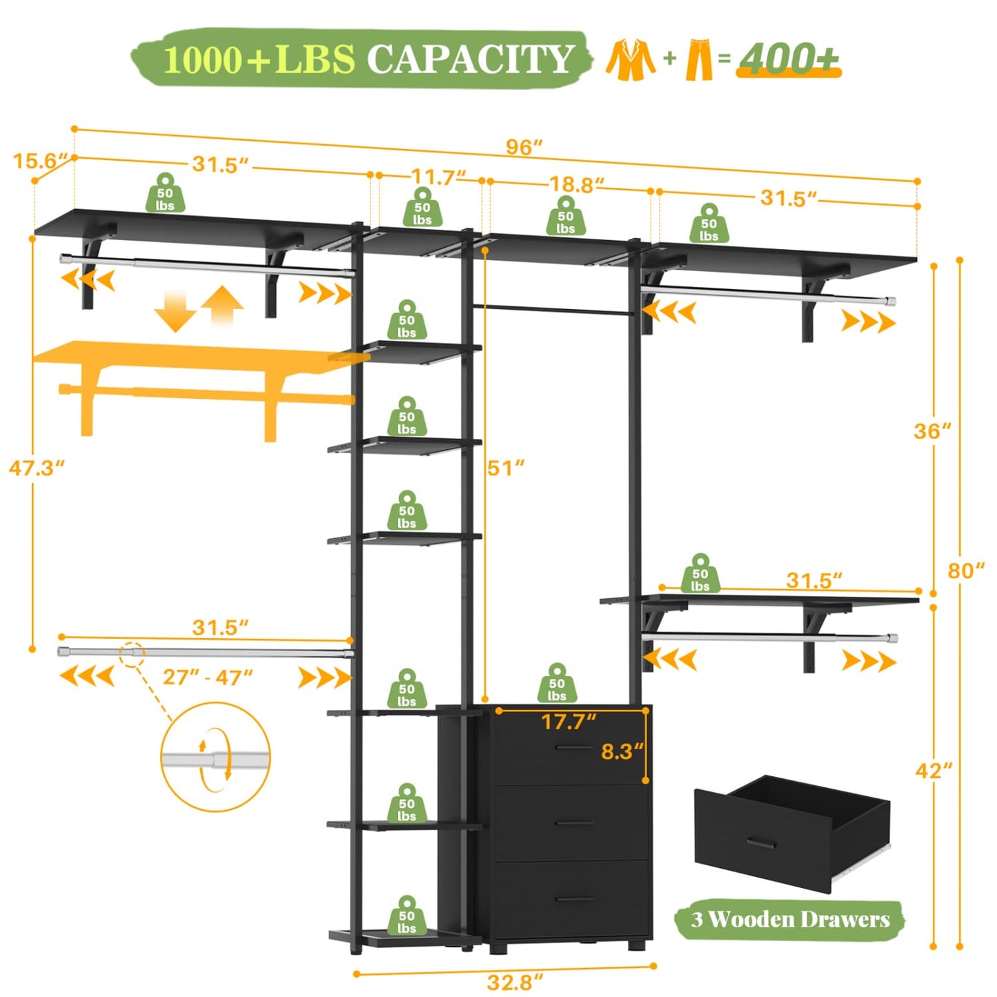 Heavy-duty Garment Rack Closet Organizer with Tower Shelving