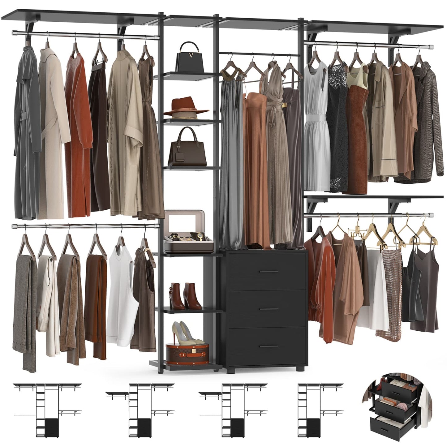 Heavy-duty Garment Rack Closet Organizer with Tower Shelving