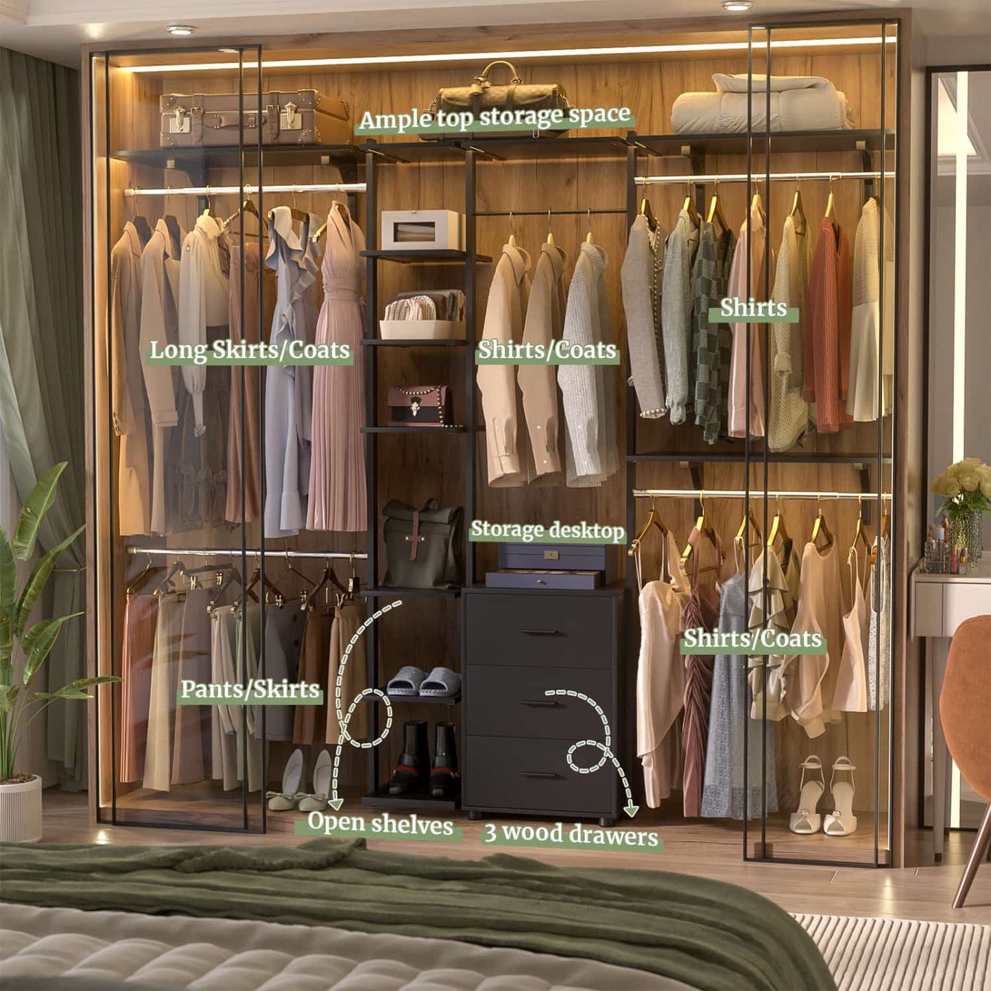 Heavy-duty Garment Rack Closet Organizer with Tower Shelving