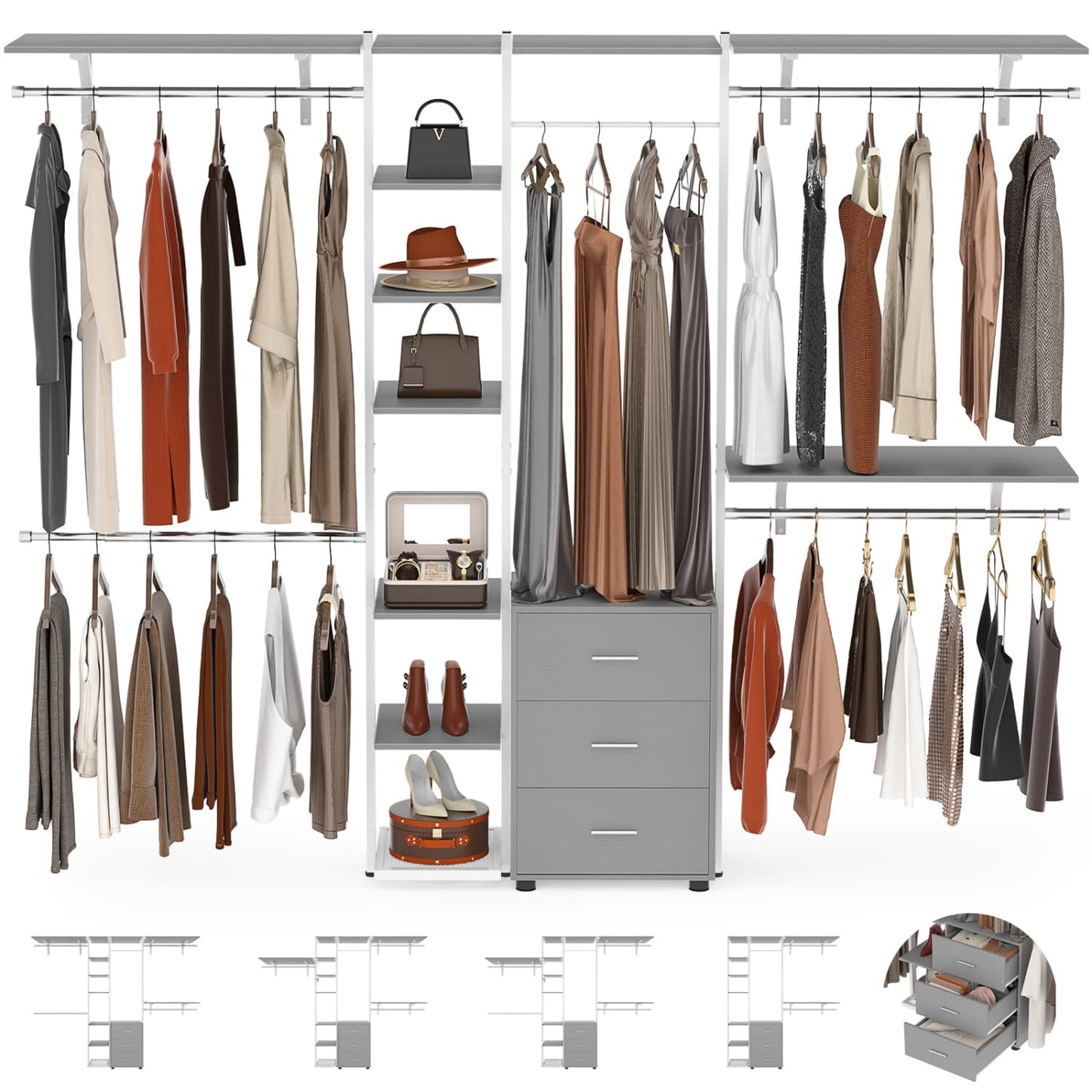 Heavy-duty Garment Rack Closet Organizer with Tower Shelving