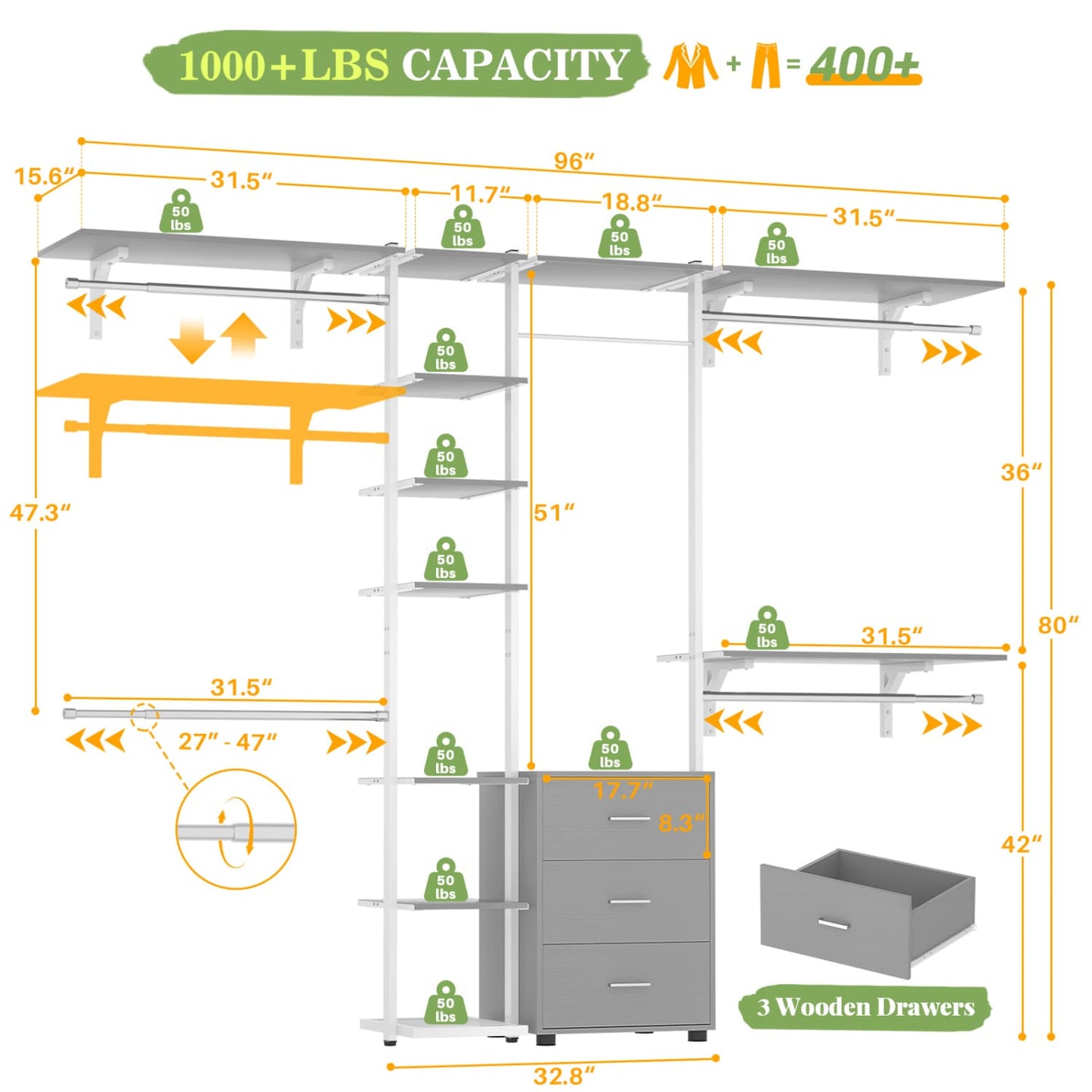Heavy-duty Garment Rack Closet Organizer with Tower Shelving