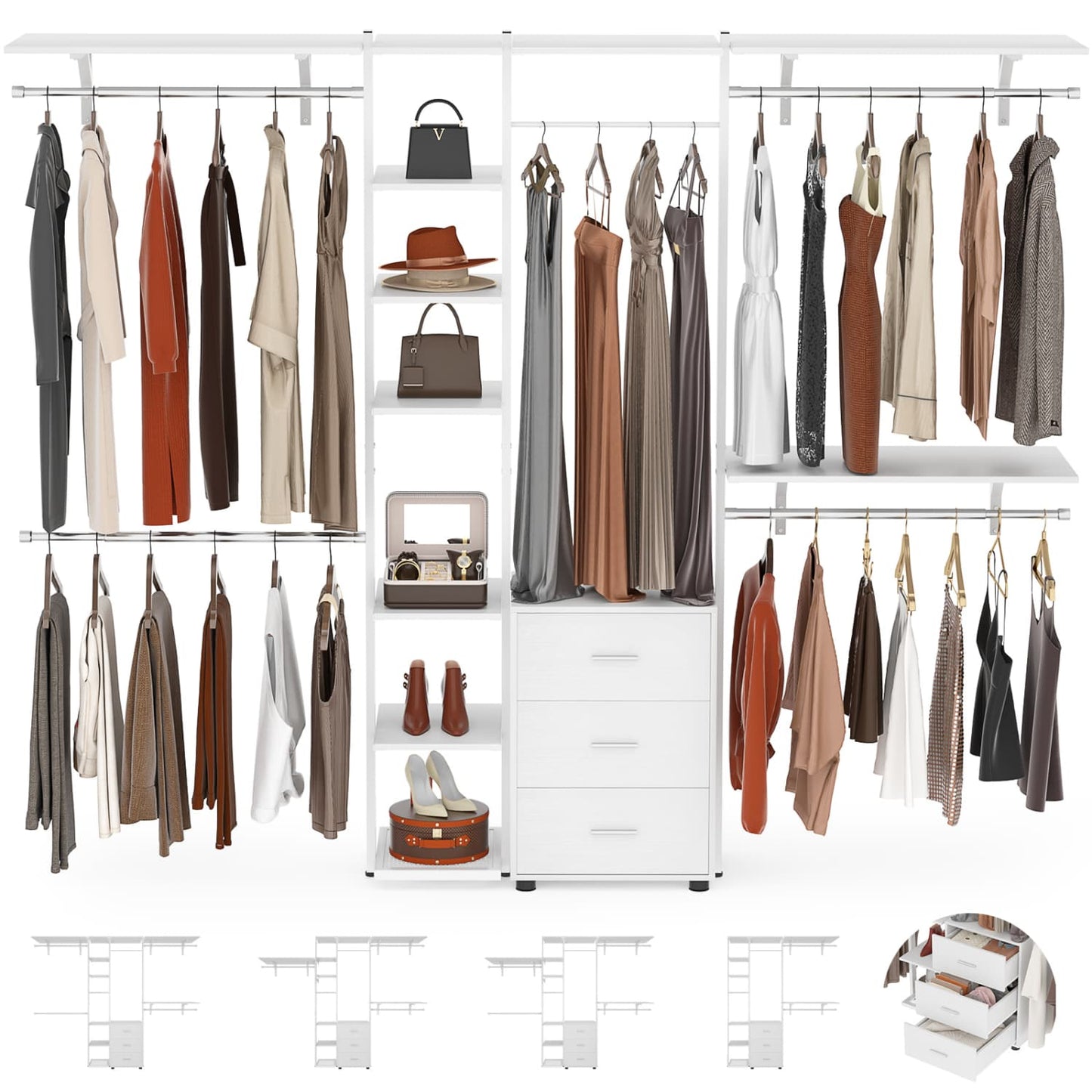 Heavy-duty Garment Rack Closet Organizer with Tower Shelving