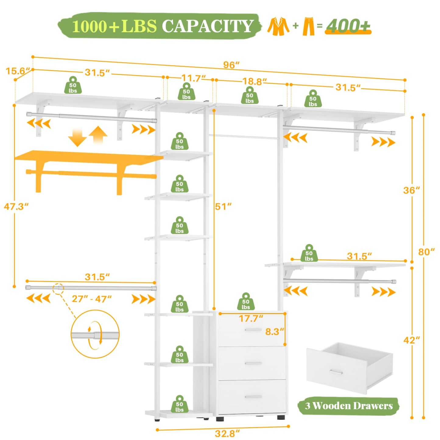 Heavy-duty Garment Rack Closet Organizer with Tower Shelving